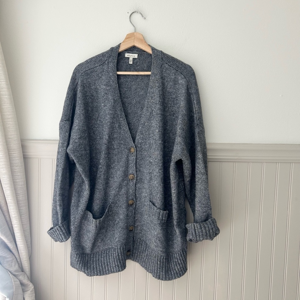 Ella Moss Heather Gray Blue Button Front Relaxed Boyfriend Cardigan Sweater